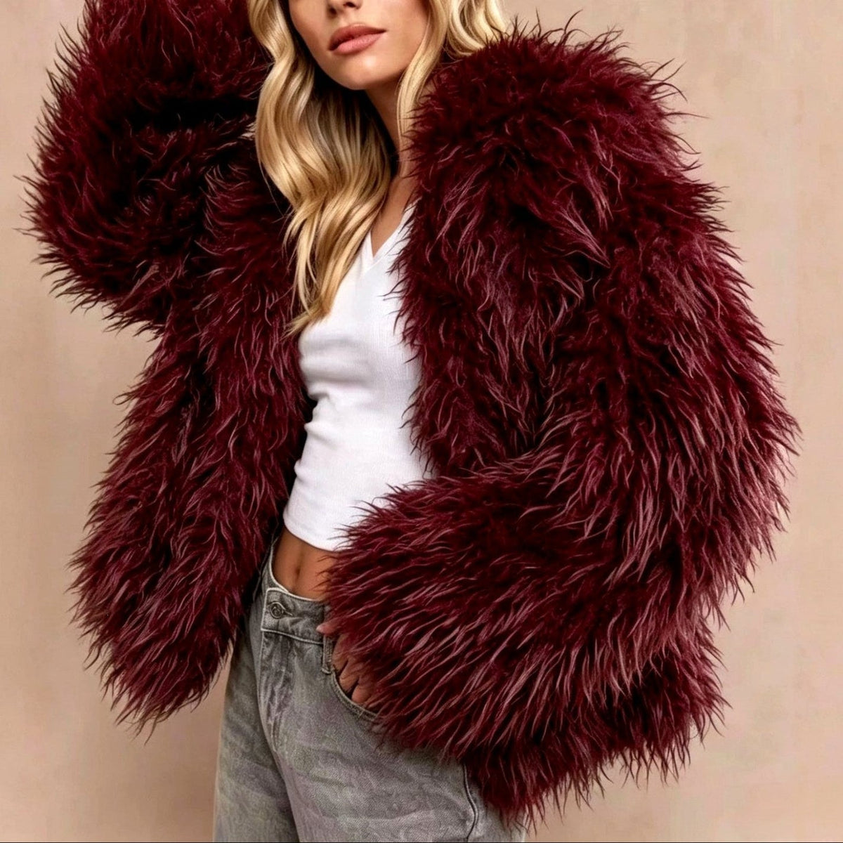 Hazel - Women's Faux Fur Oversized Collar Jacket