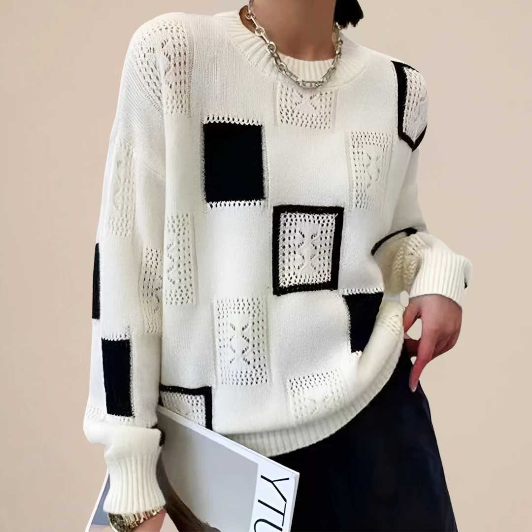 Women's Geometric Patchwork Crew Neck Sweater, Long Sleeves