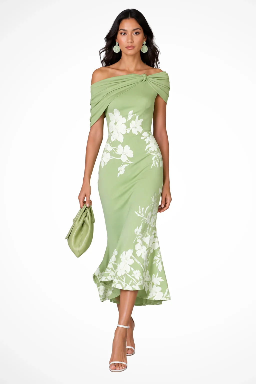 Helena | Women's Floral Off Shoulder Occasion Midi Dress with Ruffle Hem
