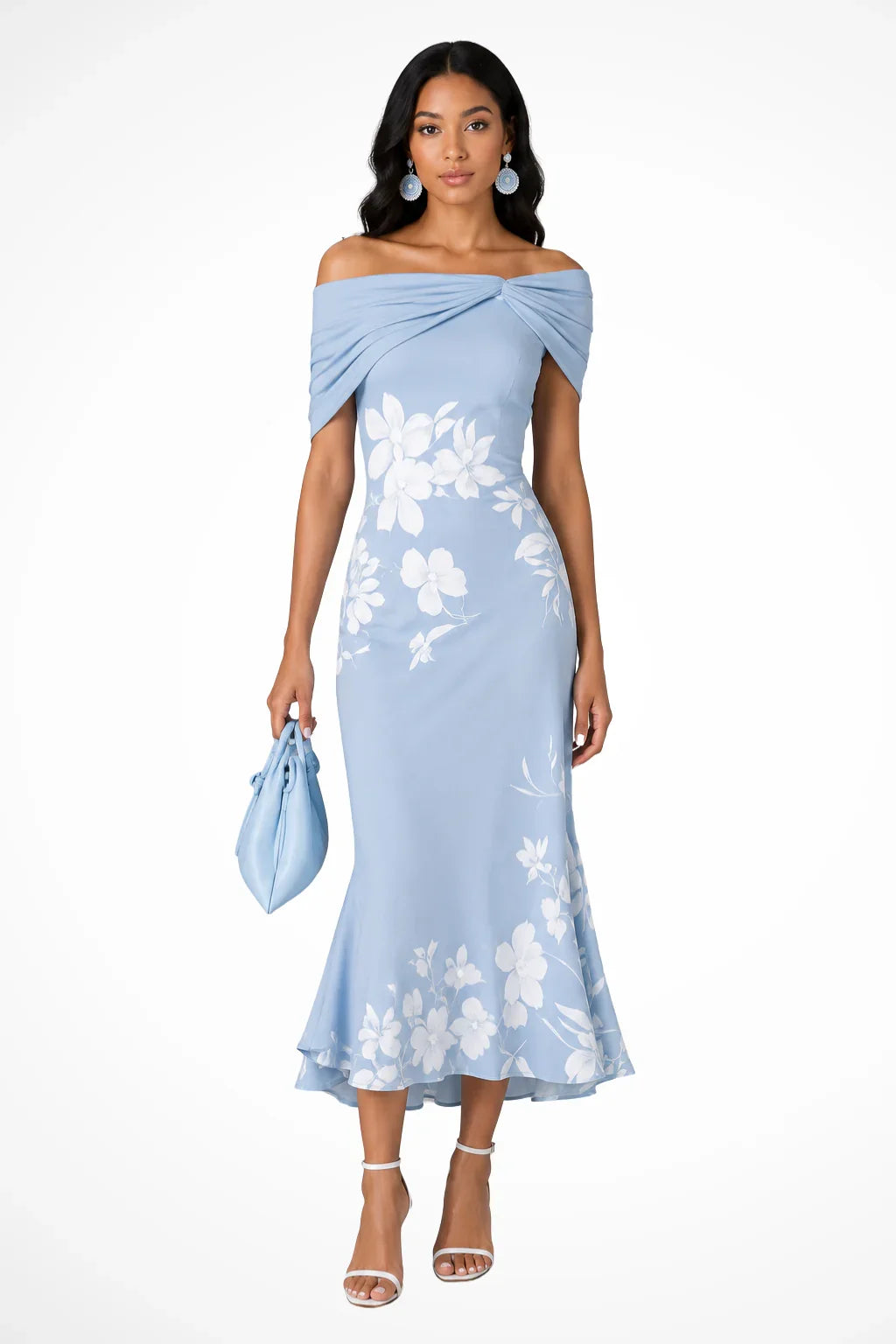 Helena | Women's Floral Off Shoulder Occasion Midi Dress with Ruffle Hem