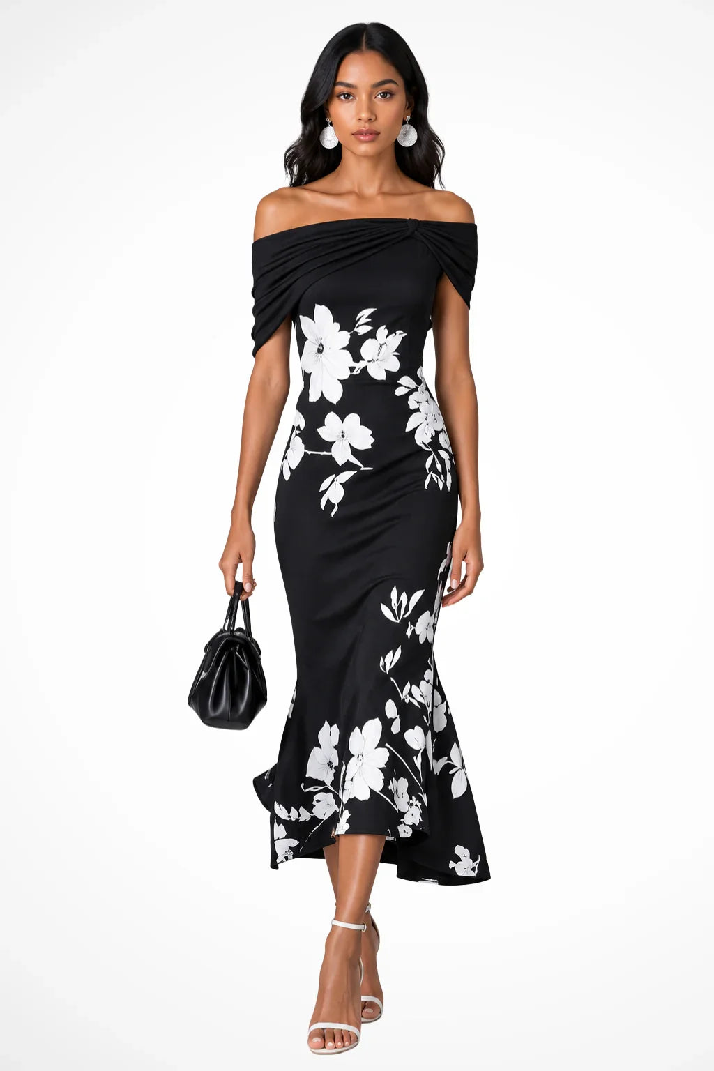 Helena | Women's Floral Off Shoulder Occasion Midi Dress with Ruffle Hem