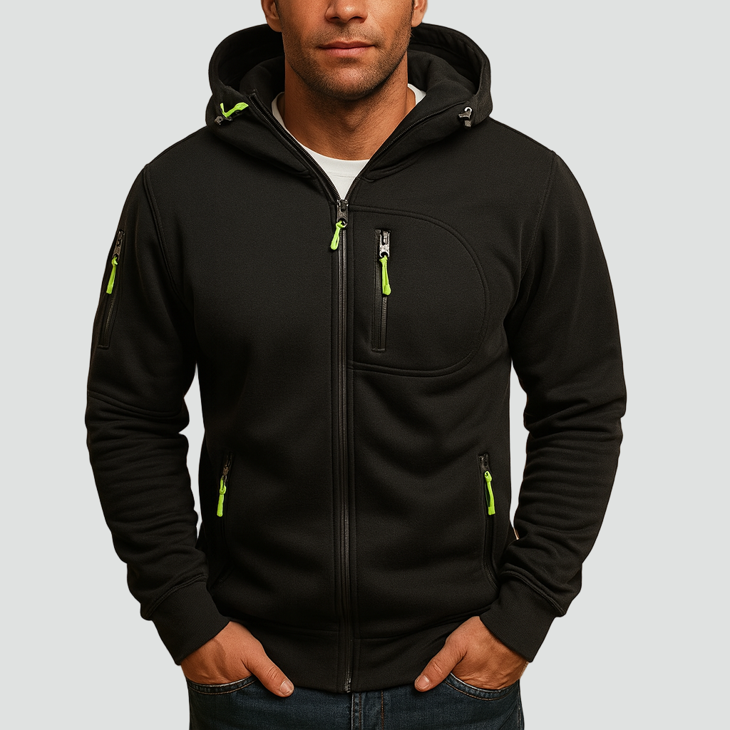 Ian | Mens Zip Up Hoodie with Zip Pockets | Adjustable Hood, Contrast Zipper Pulls | White, Black, Blue and More S-4XL