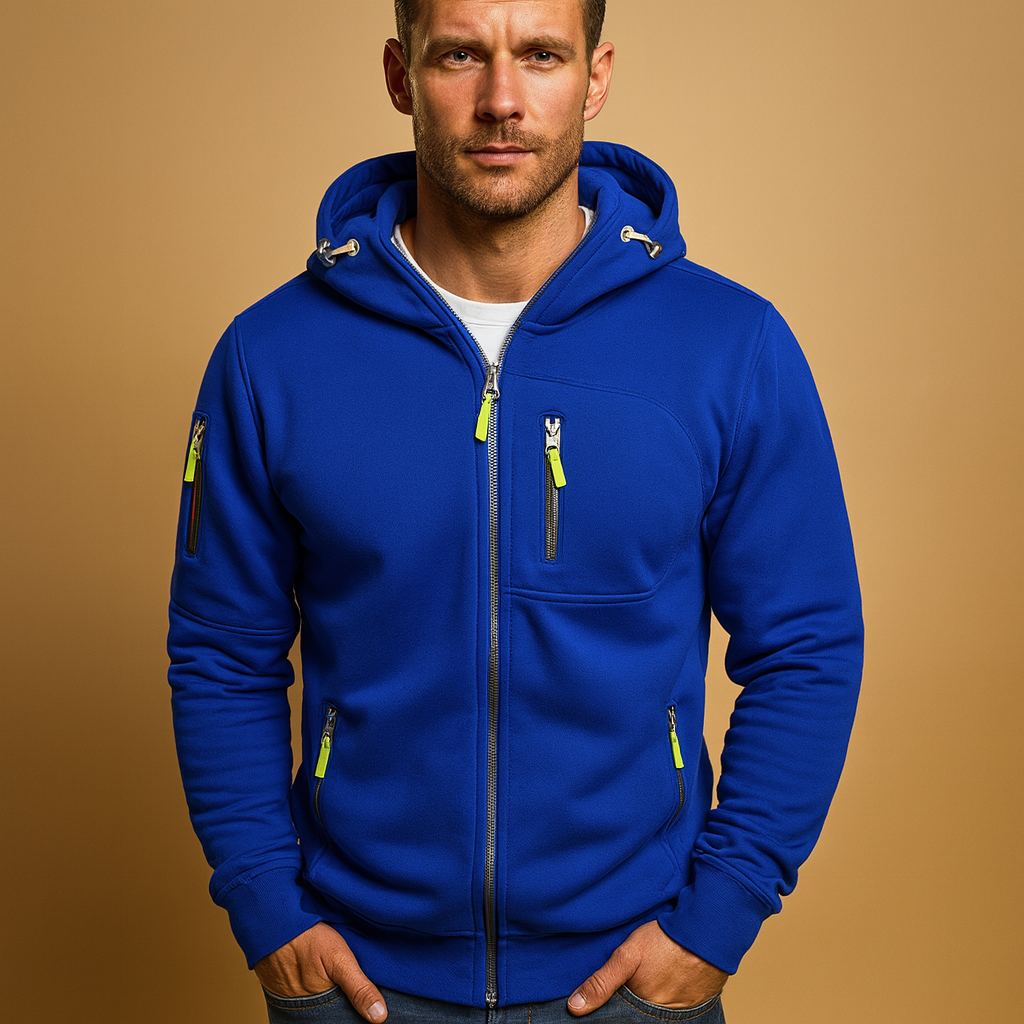 Ian | Mens Zip Up Hoodie with Zip Pockets | Adjustable Hood, Contrast Zipper Pulls | White, Black, Blue and More S-4XL