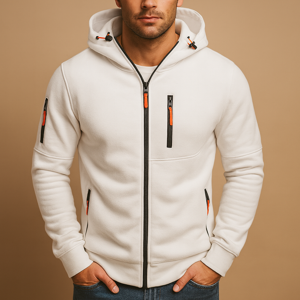 Ian | Mens Zip Up Hoodie with Zip Pockets | Adjustable Hood, Contrast Zipper Pulls | White, Black, Blue and More S-4XL