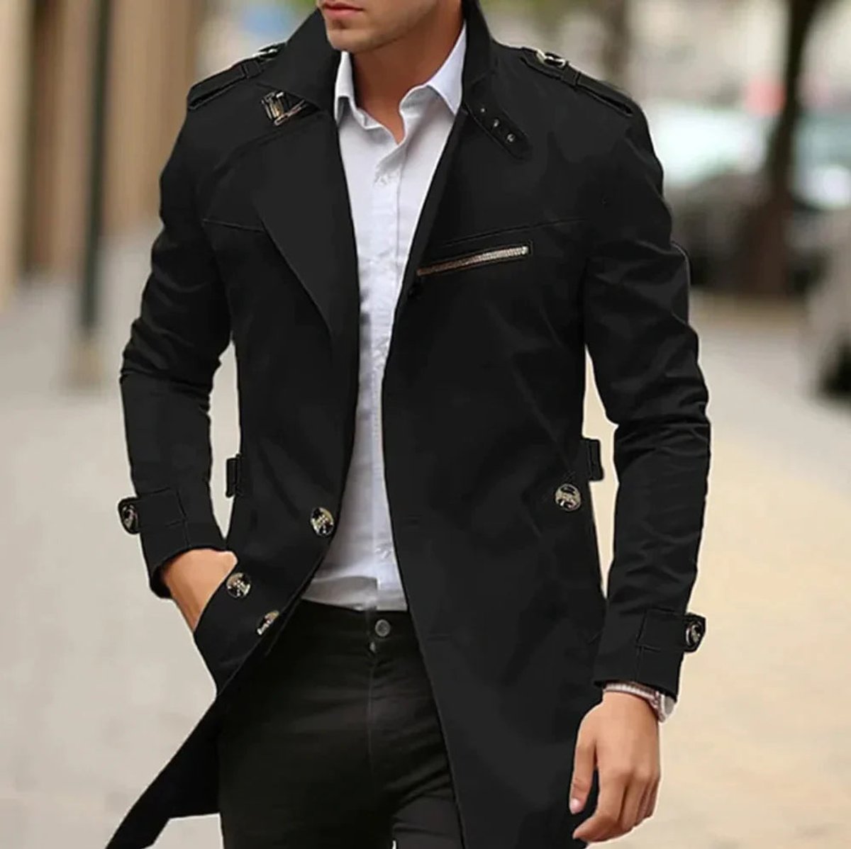 Niklas | Mens Trench Coat with Shoulder Straps — Classic Wool Coat with Zip Pocket in 5 Colors XS–2XL | Westmere
