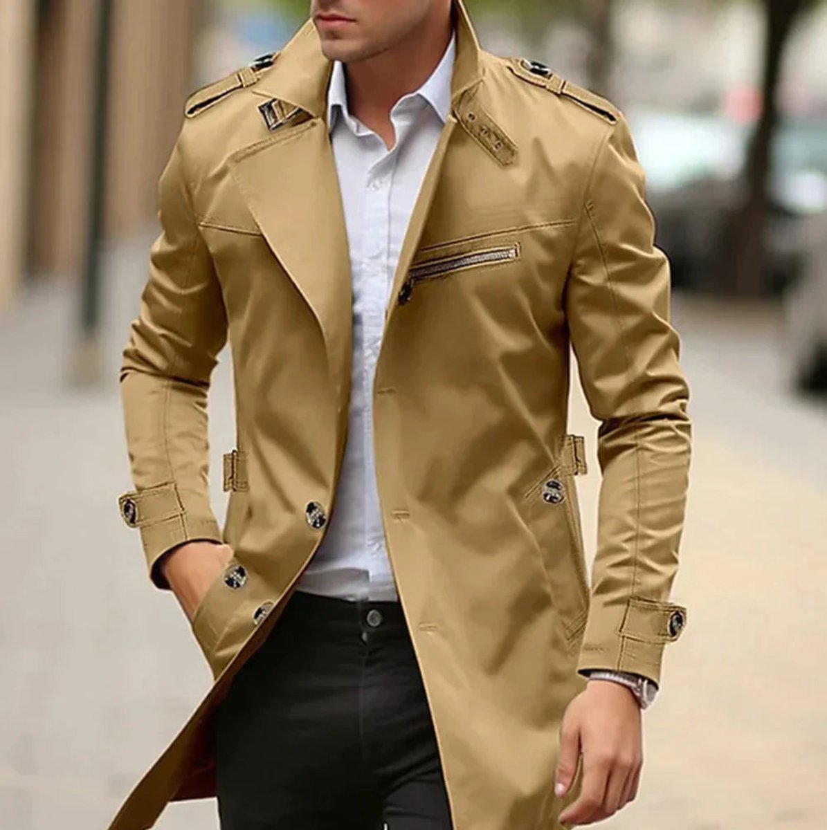 Niklas | Mens Trench Coat with Shoulder Straps — Classic Wool Coat with Zip Pocket in 5 Colors XS–2XL | Westmere