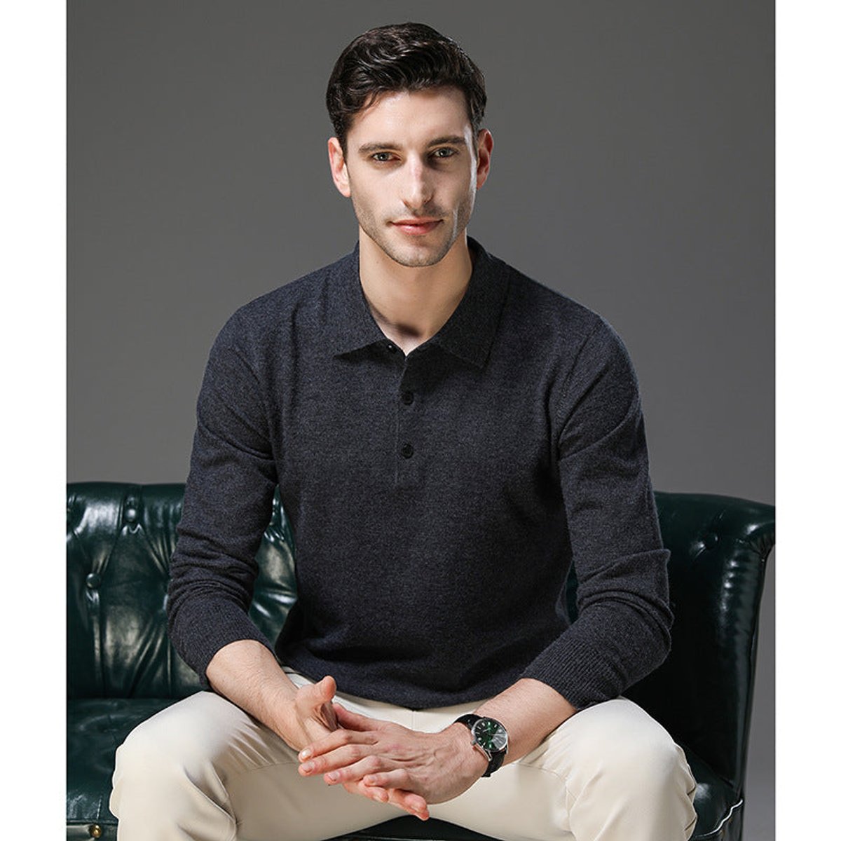 Sebastian | Mens Cashmere Polo Knit Sweater — Long-Sleeve Business Sweater with Button Placket in 5 Colors S–2XL | Westmere