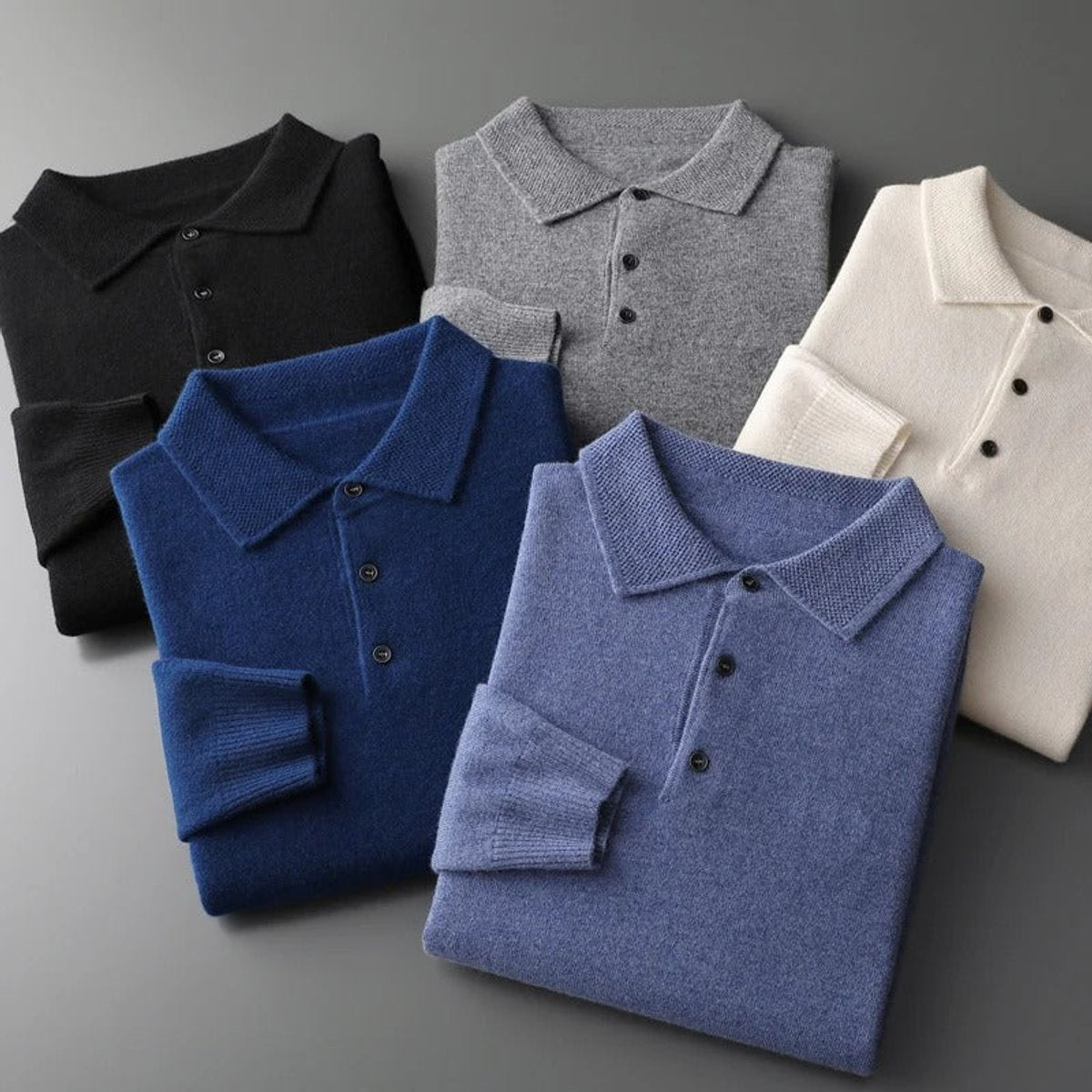 Sebastian | Mens Cashmere Polo Knit Sweater — Long-Sleeve Business Sweater with Button Placket in 5 Colors S–2XL | Westmere