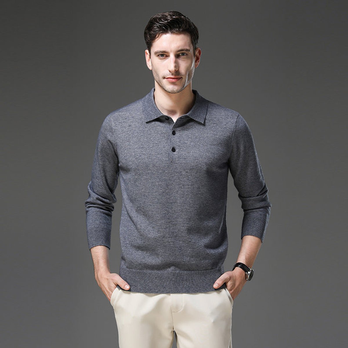 Sebastian | Mens Cashmere Polo Knit Sweater — Long-Sleeve Business Sweater with Button Placket in 5 Colors S–2XL | Westmere