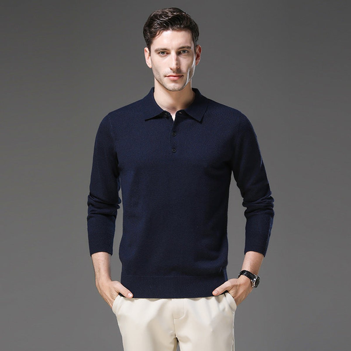 Sebastian | Mens Cashmere Polo Knit Sweater — Long-Sleeve Business Sweater with Button Placket in 5 Colors S–2XL | Westmere