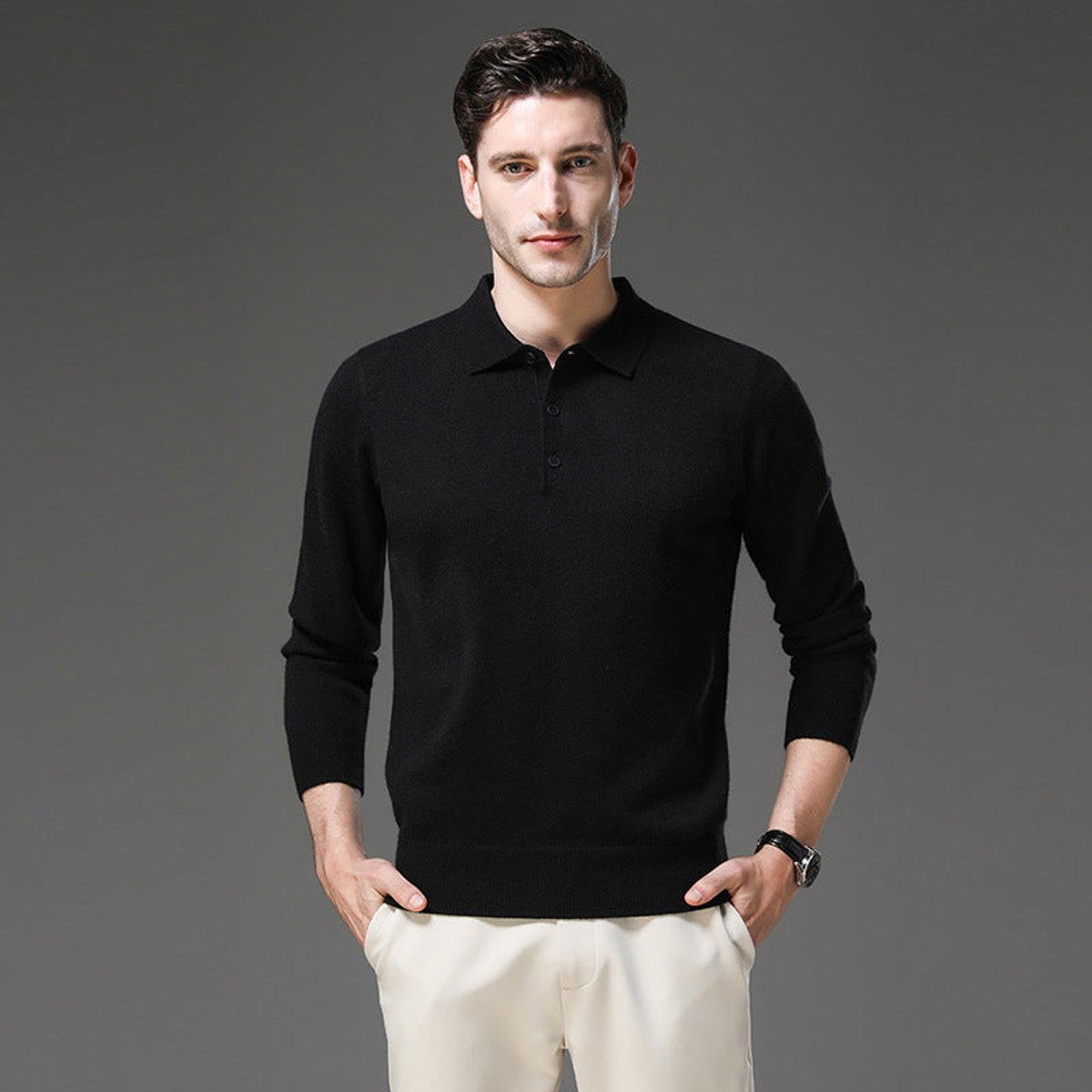 Sebastian | Mens Cashmere Polo Knit Sweater — Long-Sleeve Business Sweater with Button Placket in 5 Colors S–2XL | Westmere