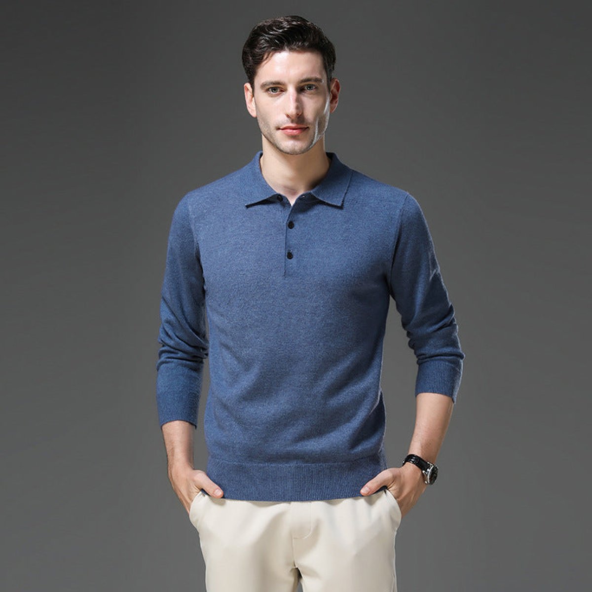 Sebastian | Mens Cashmere Polo Knit Sweater — Long-Sleeve Business Sweater with Button Placket in 5 Colors S–2XL | Westmere
