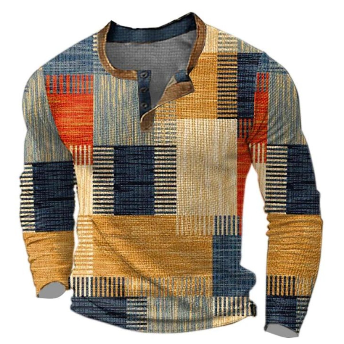 Christian | Mens Retro Colorblock Henley Sweater — Plaid Knit in Earth Tones S–4XL | Westmere