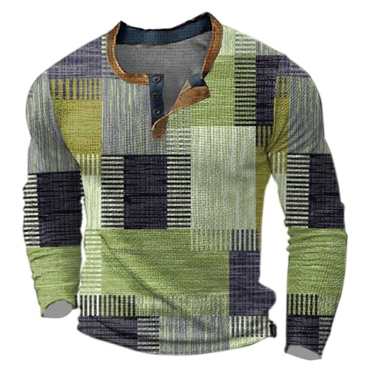 Christian | Mens Retro Colorblock Henley Sweater — Plaid Knit in Earth Tones S–4XL | Westmere