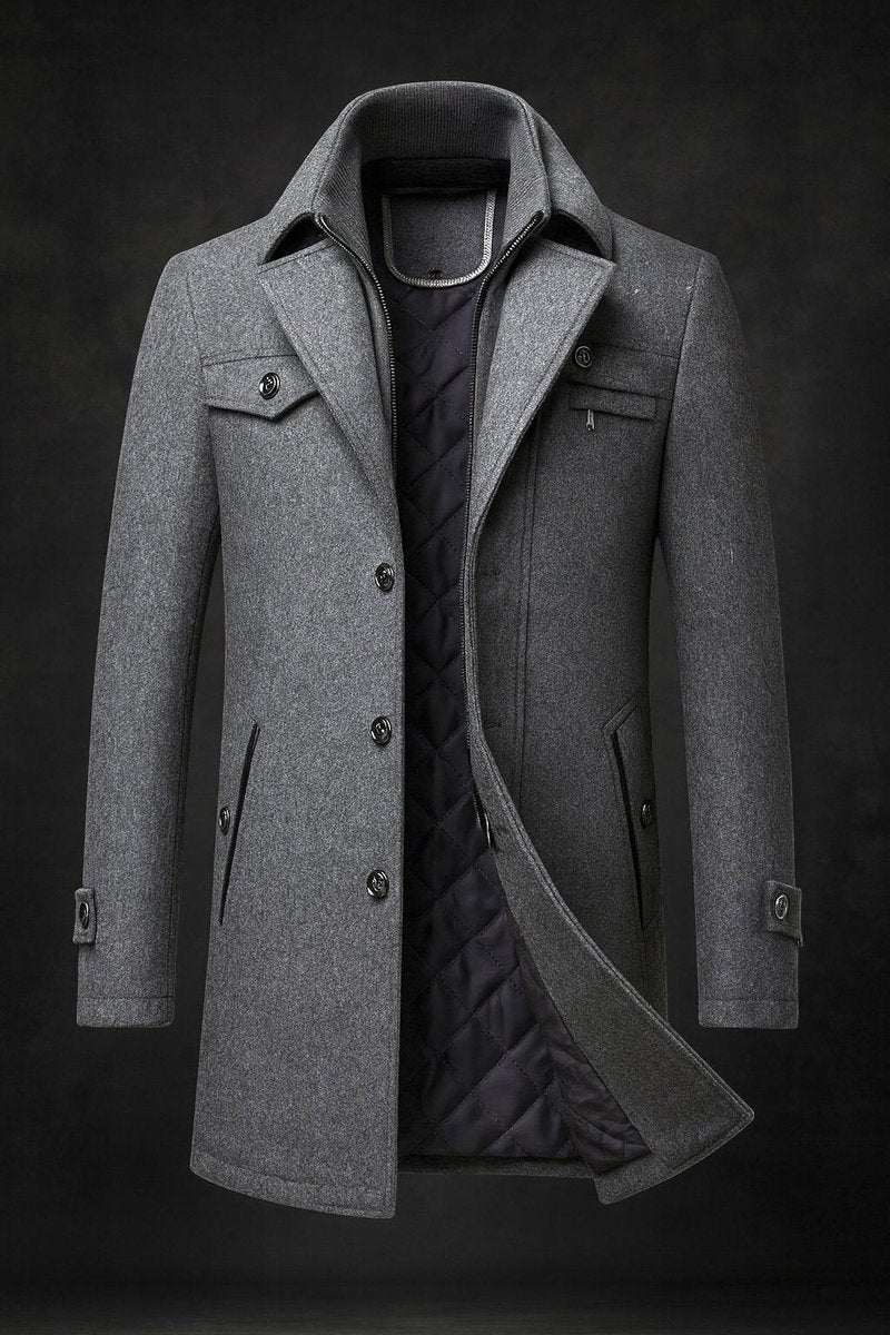 Dominik | Mens Wool Coat Lined with Double Collar — Quilted Satin Lining in 4 Colors XS–3XL | Westmere