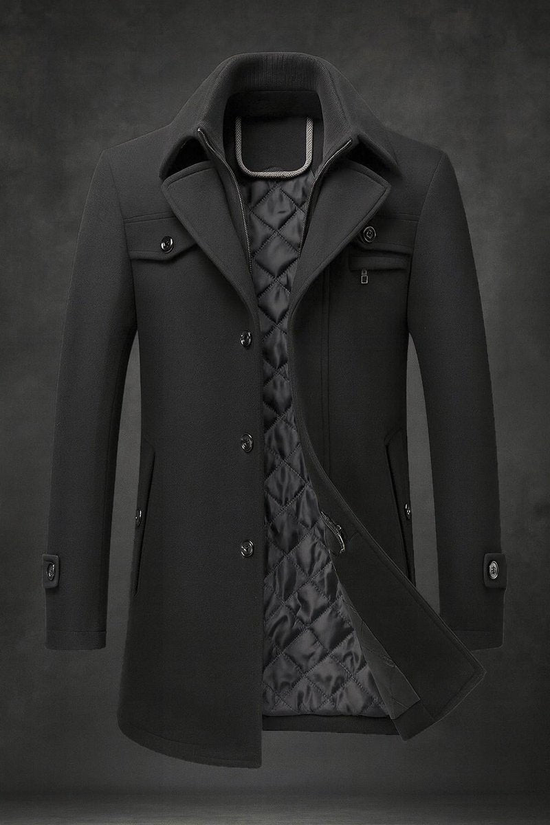 Dominik | Mens Wool Coat Lined with Double Collar — Quilted Satin Lining in 4 Colors XS–3XL | Westmere