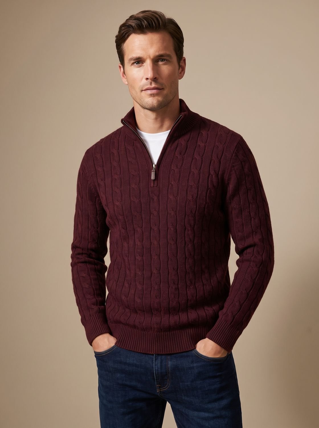Florian | Mens Cable-Knit Troyer Sweater — Zip Collar with Ribbed Cuffs in 11 Colors S–3XL | Westmere