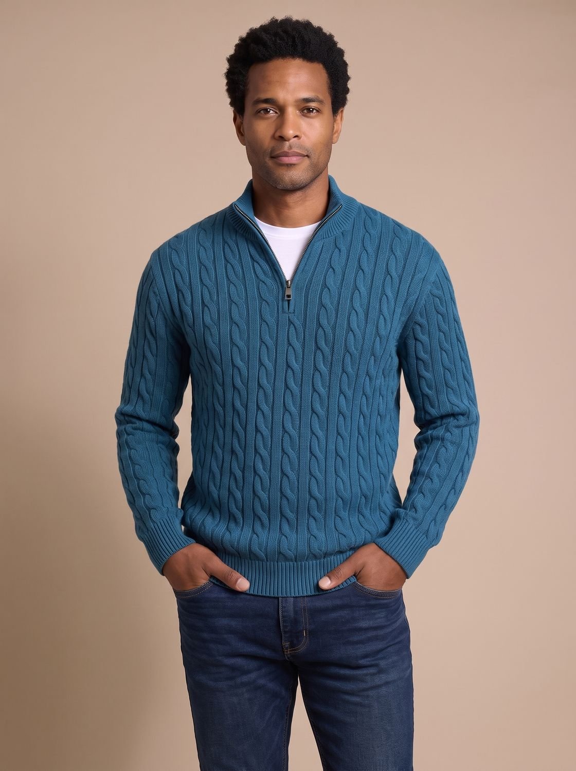 Florian | Mens Cable-Knit Troyer Sweater — Zip Collar with Ribbed Cuffs in 11 Colors S–3XL | Westmere