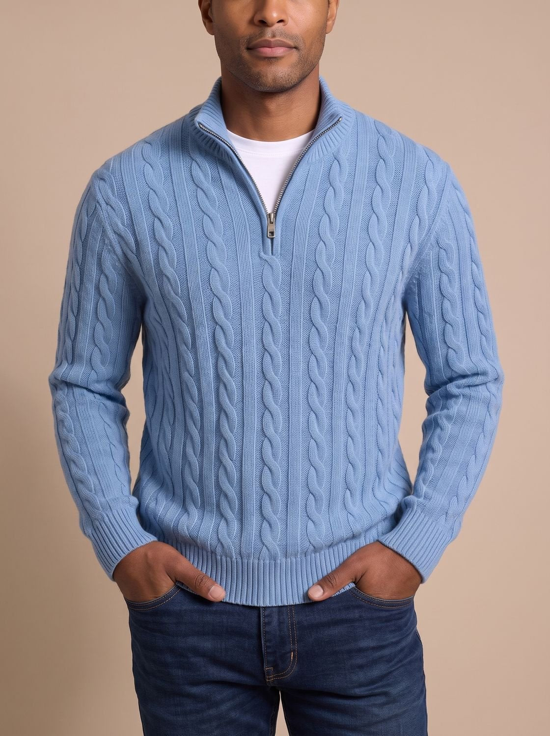 Florian | Mens Cable-Knit Troyer Sweater — Zip Collar with Ribbed Cuffs in 11 Colors S–3XL | Westmere