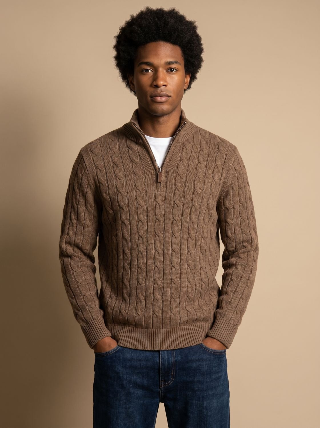 Florian | Mens Cable-Knit Troyer Sweater — Zip Collar with Ribbed Cuffs in 11 Colors S–3XL | Westmere
