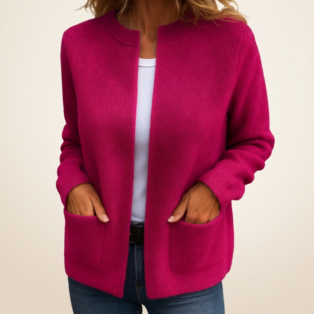 Women's Ribbed Knit Cardigan, Long Sleeves, Patch Pockets