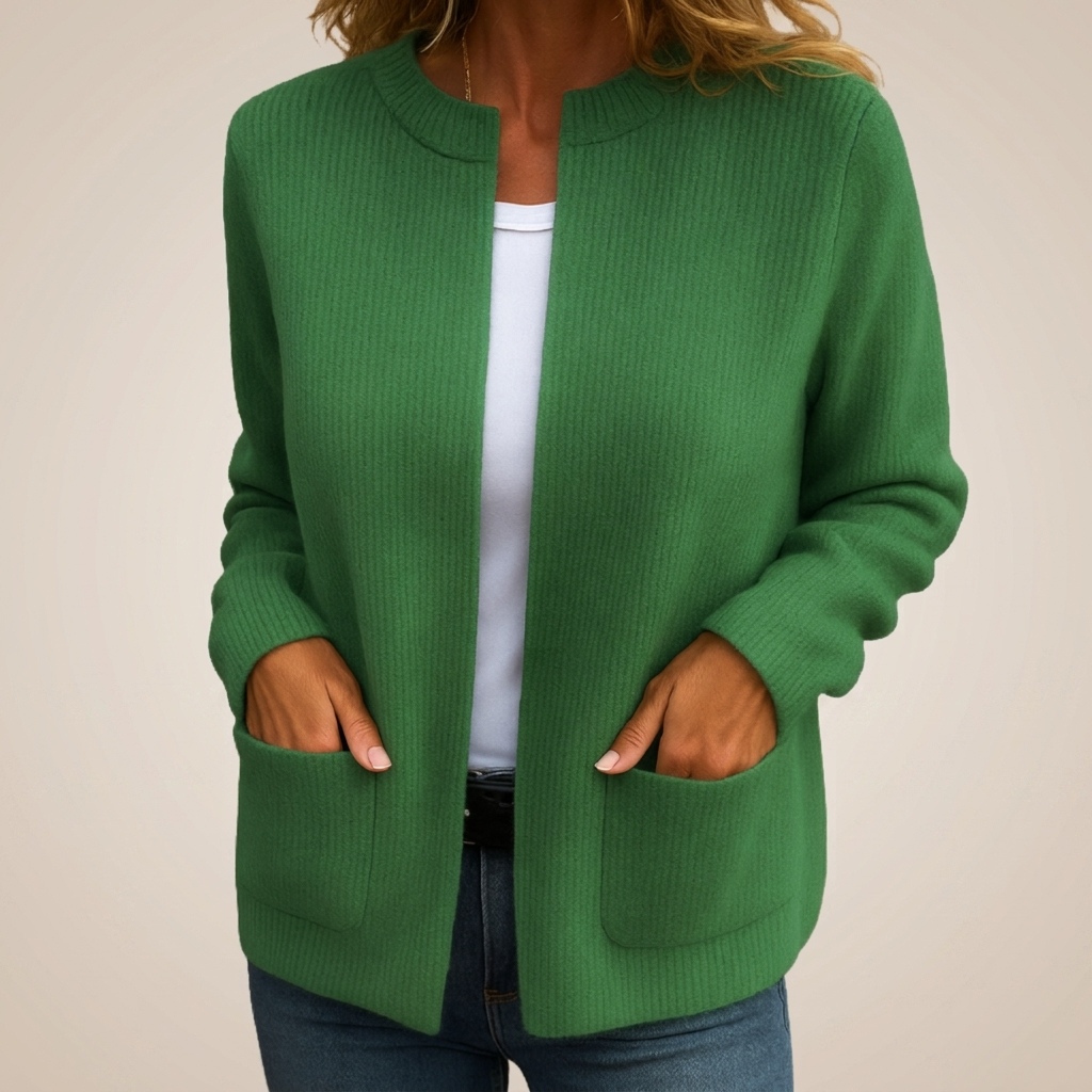 Women's Ribbed Knit Cardigan, Long Sleeves, Patch Pockets