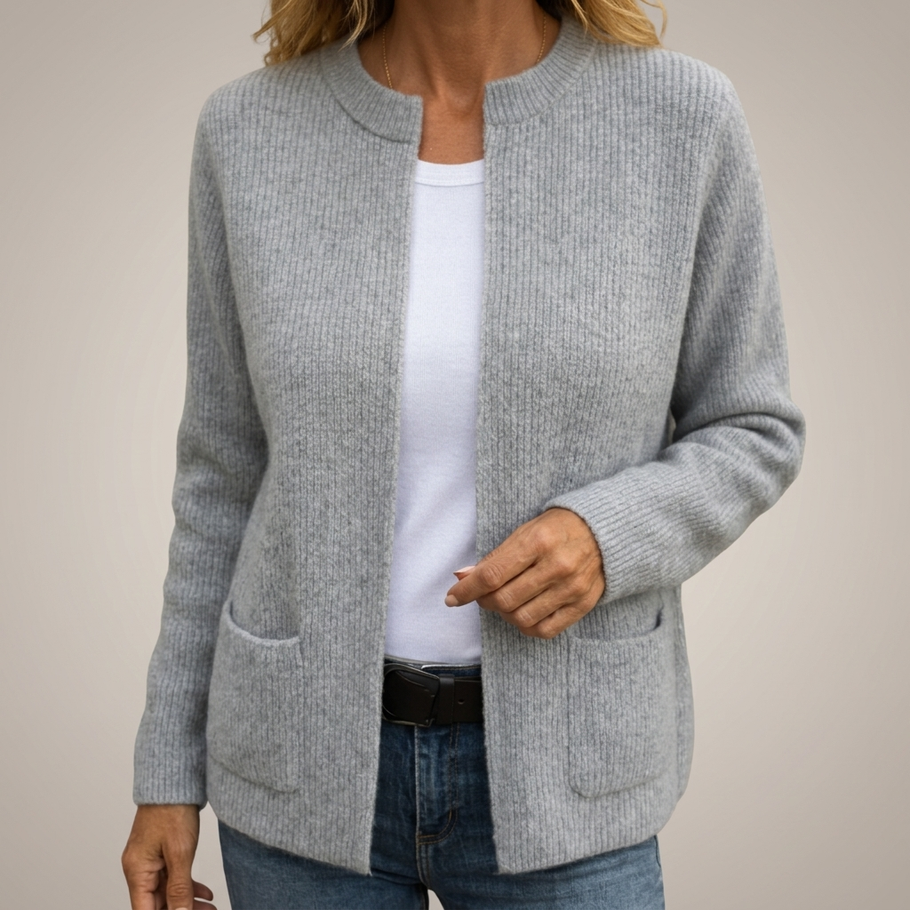 Women's Ribbed Knit Cardigan, Long Sleeves, Patch Pockets