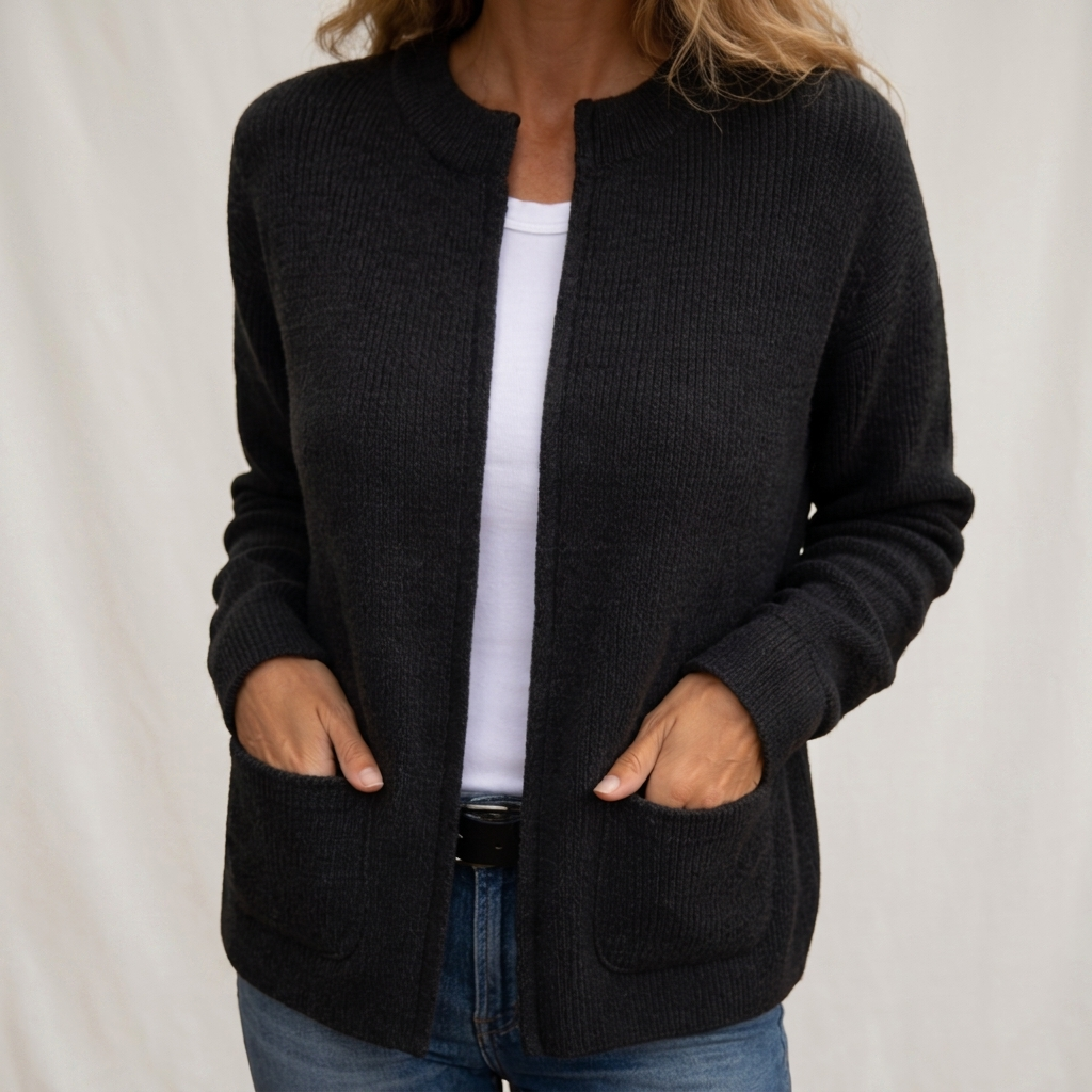 Women's Ribbed Knit Cardigan, Long Sleeves, Patch Pockets