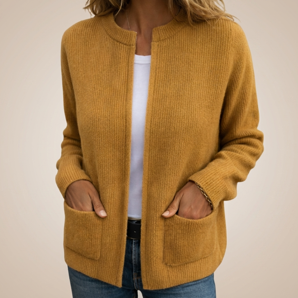 Women's Ribbed Knit Cardigan, Long Sleeves, Patch Pockets