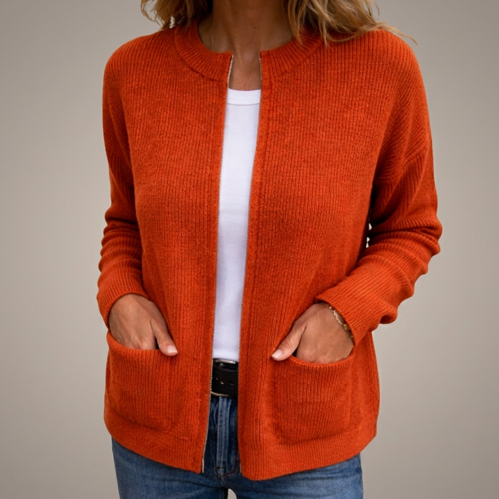 Women's Ribbed Knit Cardigan, Long Sleeves, Patch Pockets