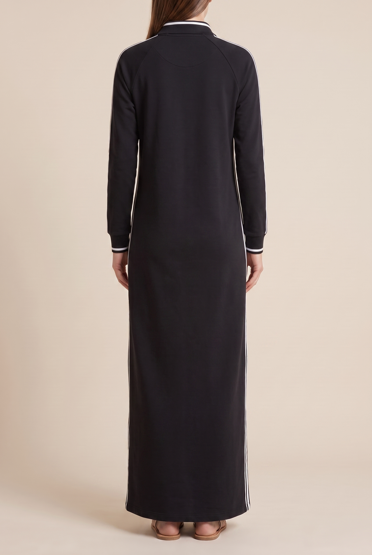 White-Trimmed Button-Down Collar Sweatshirt Maxi Dress