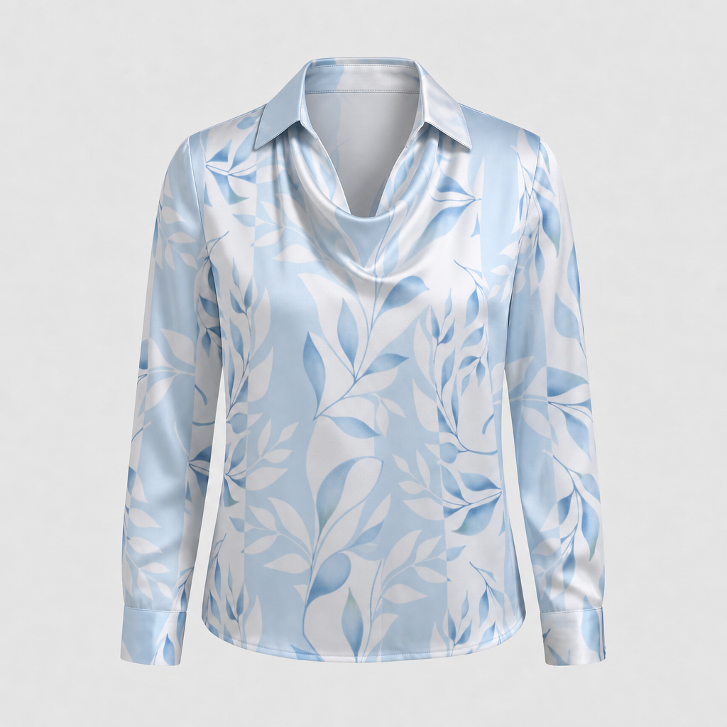 Women's Satin-Finish Cowl Neck Blouse with Collar | Long Sleeves, Relaxed Drape | Sizes XS to 3XL, 8 Colors