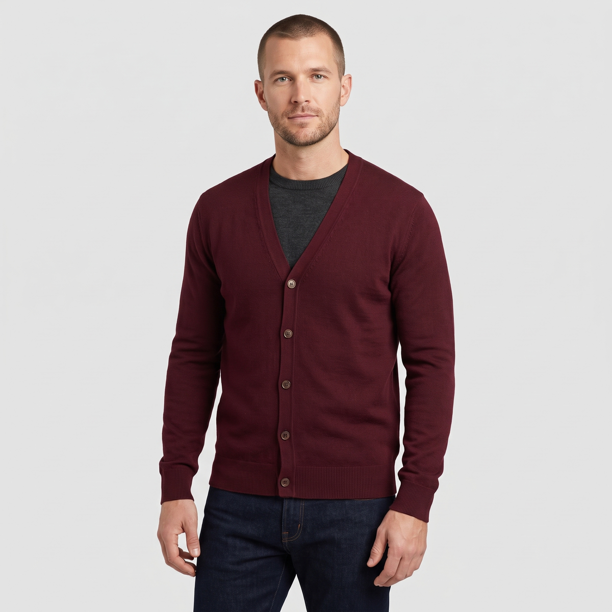 Kevin | Mens V-Neck Button Cardigan Sweater | Casual Layer for Office and Weekend | Dark Red, Gray, Black and More S-4XL