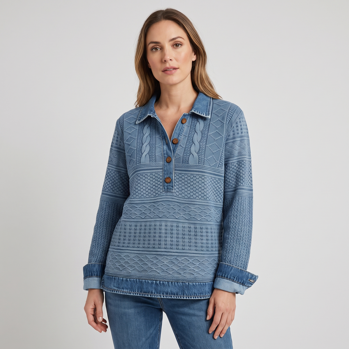 Kristen | Womens Cable Knit Sweater with Collar and Button Neckline | Relaxed Fit, Long Sleeves | Blue, Gray, Brown S-3XL