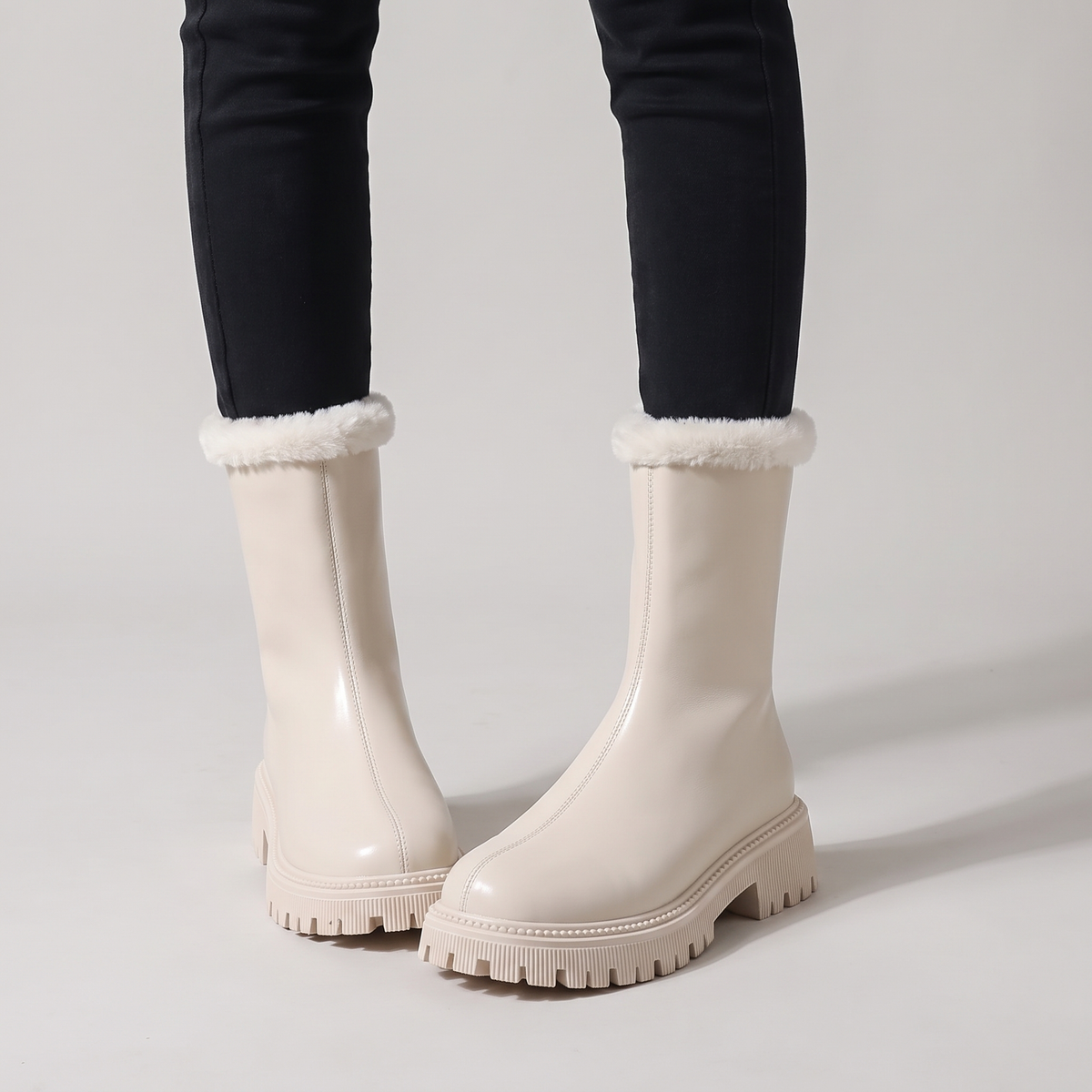 Blair | Womens Faux Fur Lined Winter Ankle Boots | Waterproof Finish, Chunky Tread Sole, Slip-On | Beige, Black 5-10