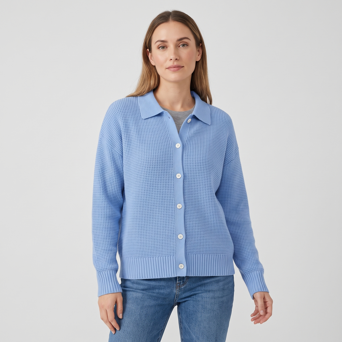 Émilie | Womens Knit Cardigan with Collar | Thick Soft Knit, Button Front, Long Sleeves | Blue, Dark Blue, Red S-3XL