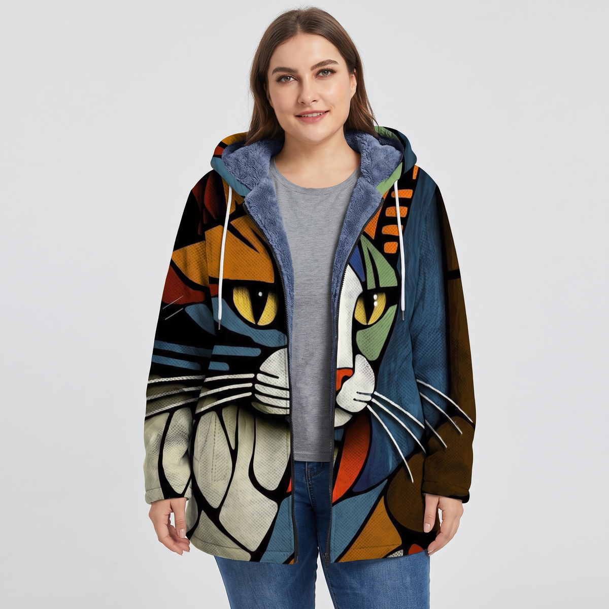Ashley | Womens Cat Print Cardigan Sweater | Colorful Graphic Cat Design, Loose Relaxed Fit | Fall Layer S-4XL