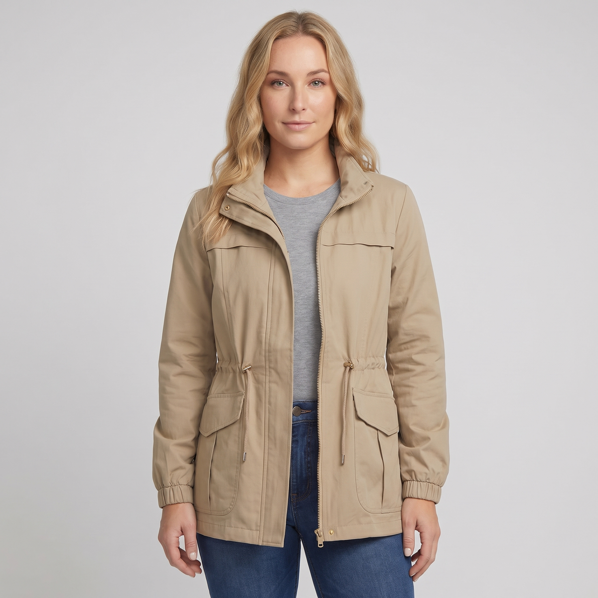 Anna | Womens Utility Jacket with Drawstring Waist | Stand Collar, Flap Pockets | Khaki, Black, Beige and More S-3XL