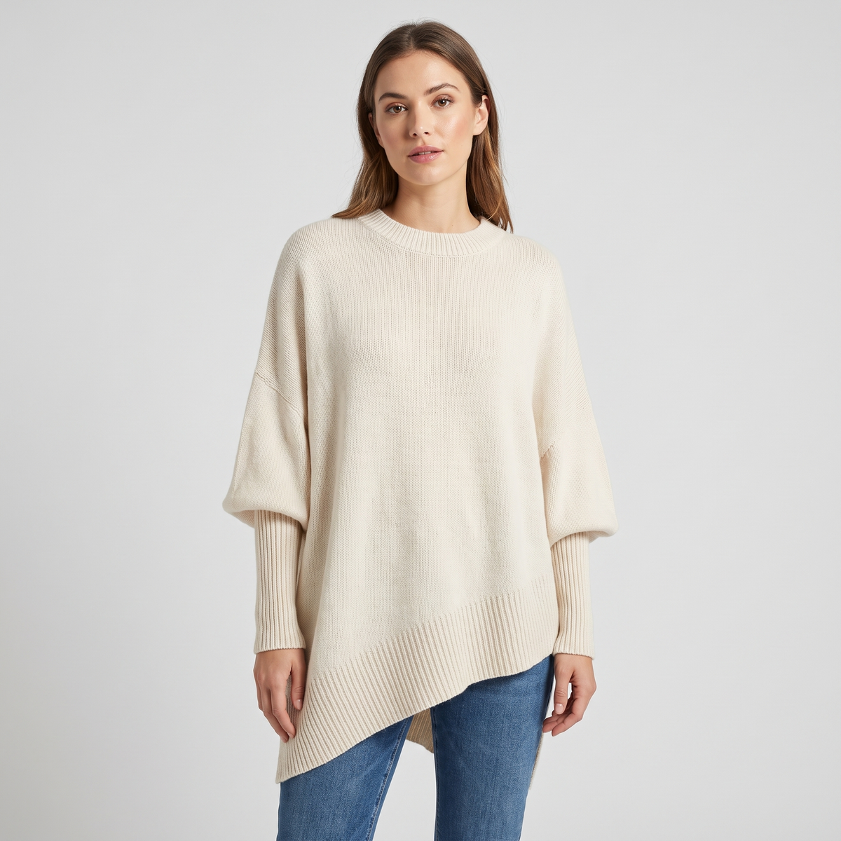 Lindsay | Womens Oversized Knit Poncho Sweater with Batwing Sleeves | Asymmetrical Hem, Round Neck | 7 Colors S-XL