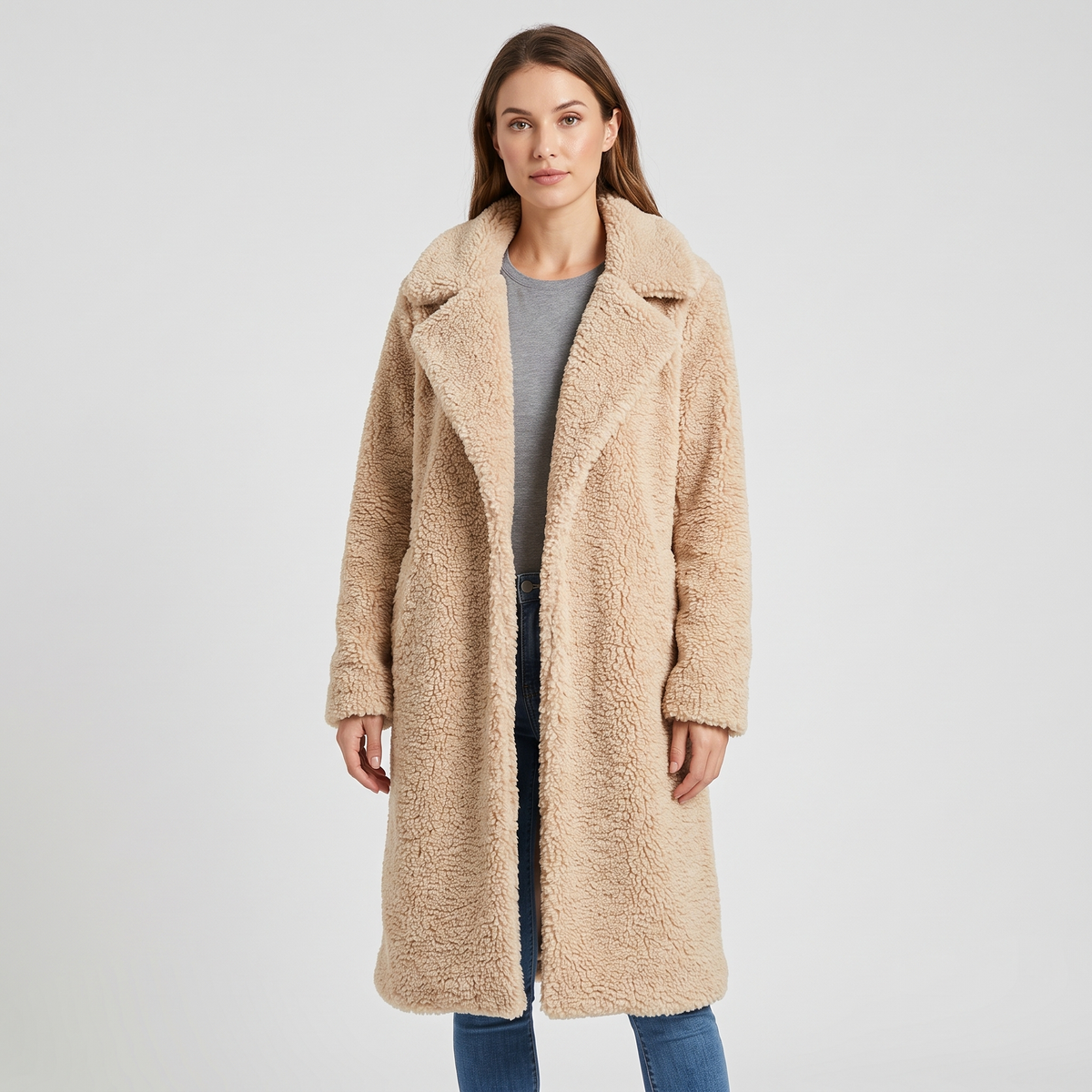 Sandra | Womens Long Teddy Coat in Soft Fleece | Long Length for Cold Days | Apricot, Black, Dark Gray and More S-3XL