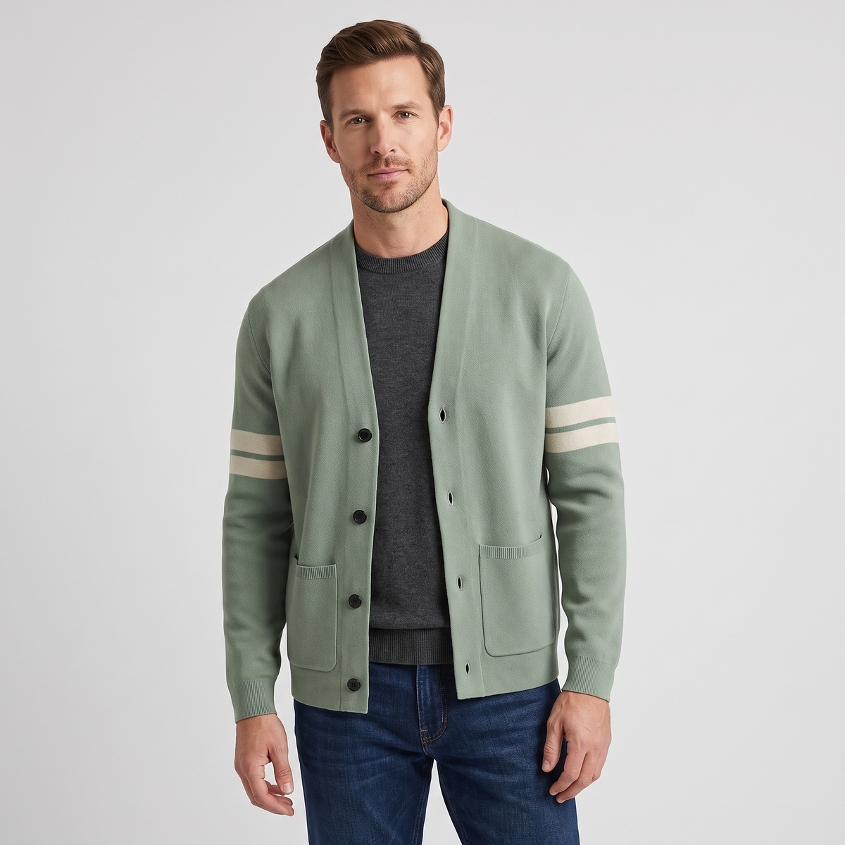Giancarlo | Mens Merino Wool Blend Cardigan | Sleeve Stripes, Front Pockets | Light Green, Black, Brown and More S-2XL