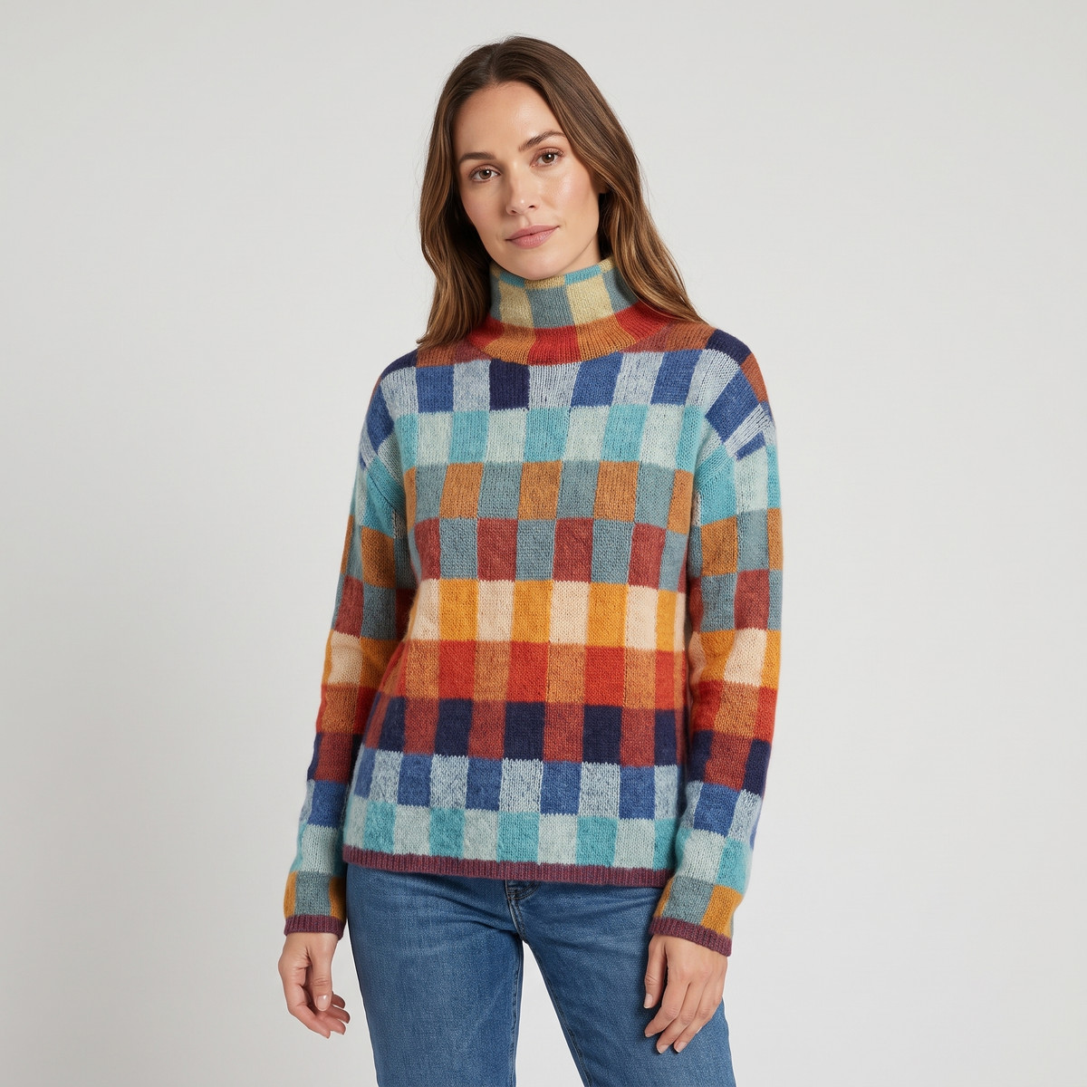 Summer | Womens Checkered Merino Wool Blend Sweater | Bold Contrast Check Pattern, Machine Washable | Multicolor XS-XL