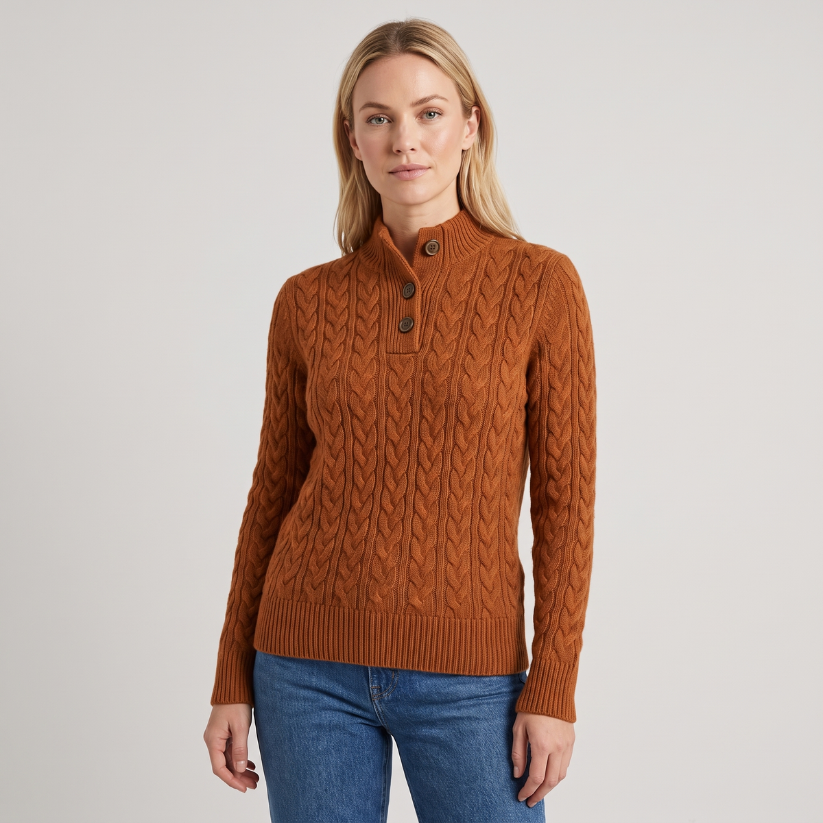 Arden | Womens Button-Up Cable Knit Sweater | Wool Cashmere Blend, Stand Collar | Olive, Khaki and More XS-2XL