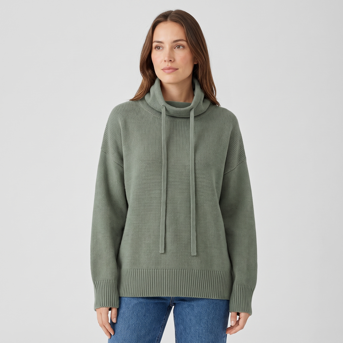 Paige | Womens Knit Cowl Neck Hoodie | Relaxed Fit, Funnel Neck, Drawstring Detail | Green and Gray Sizes S-2XL