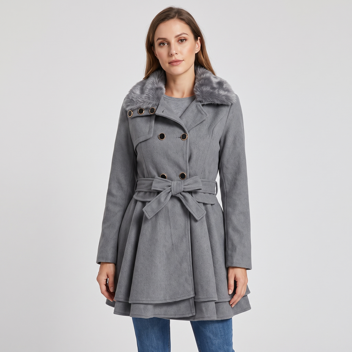 Claudia | Womens Belted Trench Coat with Faux Fur Collar | Faux Fur Cuffs, Tailored Fit | Beige, Black and More 2XS-3XL