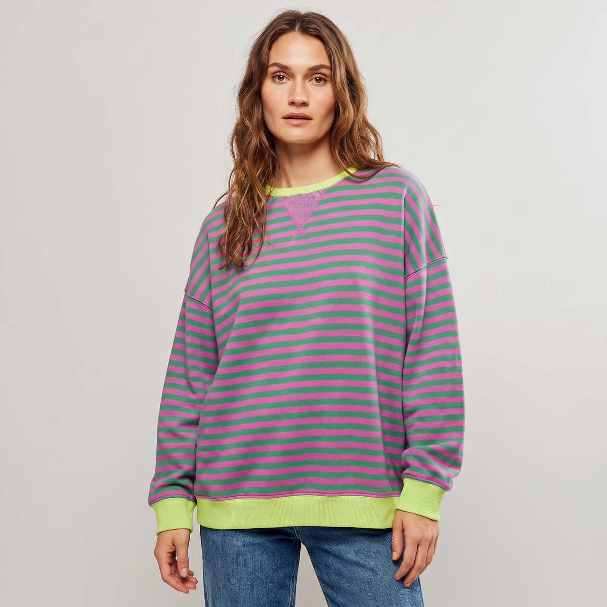 Heather | Womens Oversized Striped Sweatshirt with Neon Trim | Drop Shoulders, Boxy Fit | 6 Color Combos S-2XL