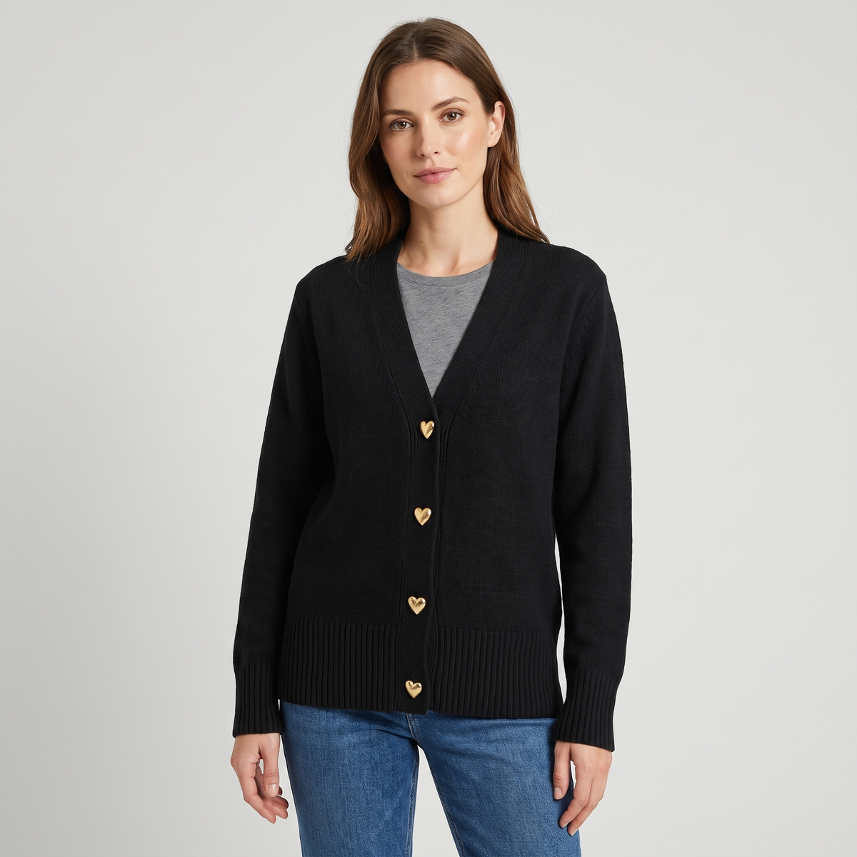 Elin | Womens Warm Knit Cardigan Sweater | Gold Heart-Shaped Buttons, Soft Knit | Black, Pink, Red and More S-2XL