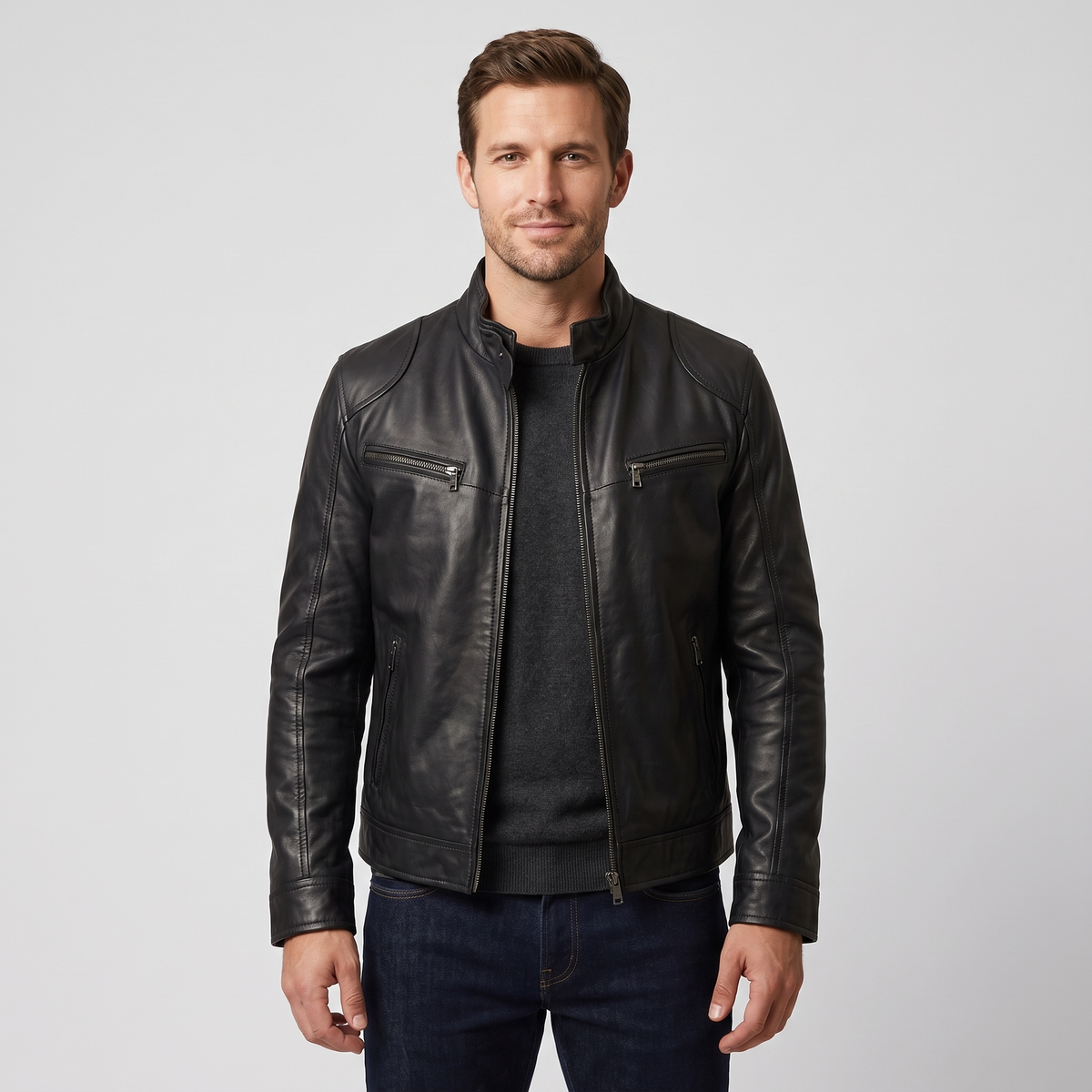 Jon | Mens Leather Jacket with Stand Collar | Quilted Shoulders, Zip Pockets, Slim Fit | Black, Camel, Red S-5XL