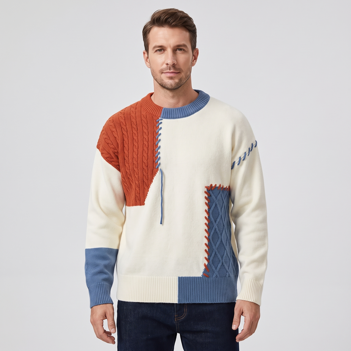 Wade | Mens Patchwork Sweater in Cotton Knit | Color Block Design, Relaxed Fit, Ribbed Trim | Blue, Black, Green XS-XXXL