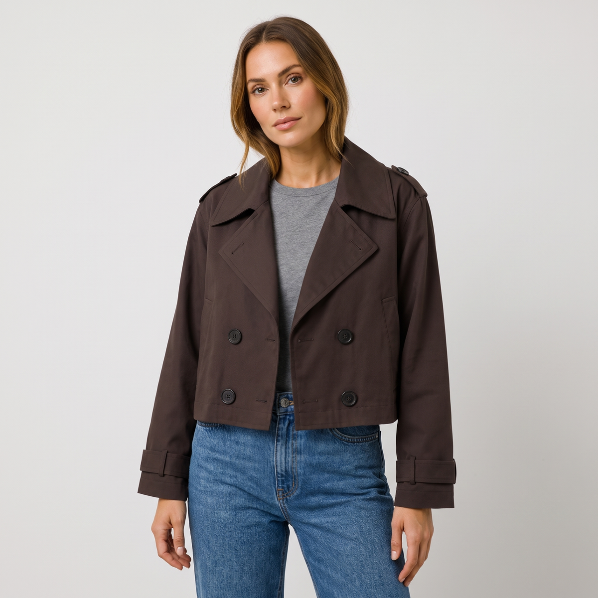 Megan | Womens Cropped Trench Coat Jacket | Oversized Lapel Collar, Lightweight | Brown and Beige, Sizes XS-XL